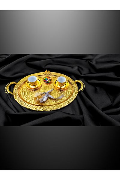 farklı evim Set of 2 Self Patterned Metal Oval Trays, Coffee Tea Tray, Presentation Tray, Gold Color