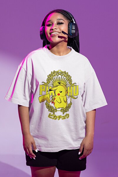 Fuddy Moda تي شيرت مطبوع عليه بيكاتشو كبير الحجم للجنسين، تي شيرت أبيض مطبوع ...