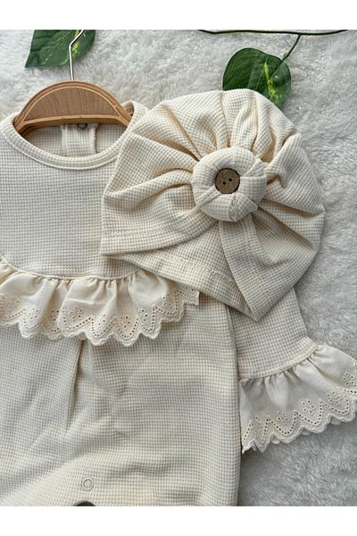 Minizade Double Baby Girl Premium Set Jumpsuit with Lace Collar Sleeves and Bandana Accessories