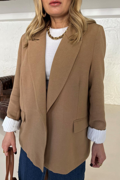 Laluvia Μπουφάν από λινό καμηλό ριγέ