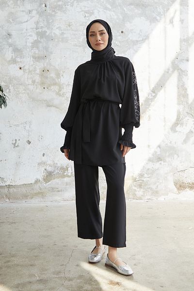 InStyle Stone Detailed Balloon Sleeve Double Satin Set - Black