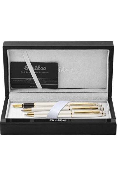 Scrikss 35 Noble Dolma Kalem, Tükenmez Kalem, Mekanik Kurşun Kalem Üçlü Set Beyaz Altın