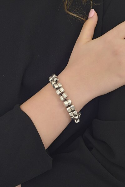 LABALABA Kadın Antik Gümüş Kaplama Çift Sıra Geometrik Bileklik