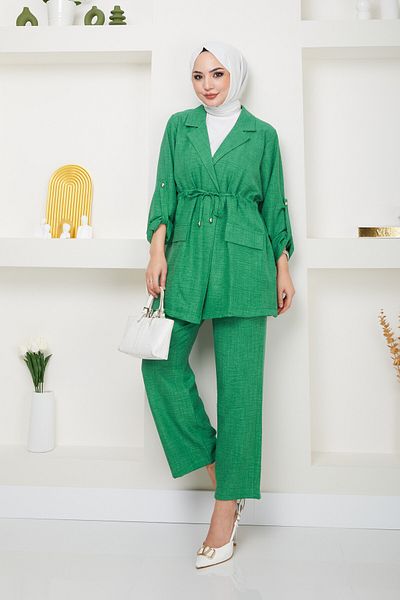 Swana Women's Linen Suit with Tie Waist Jacket and Trousers - Green