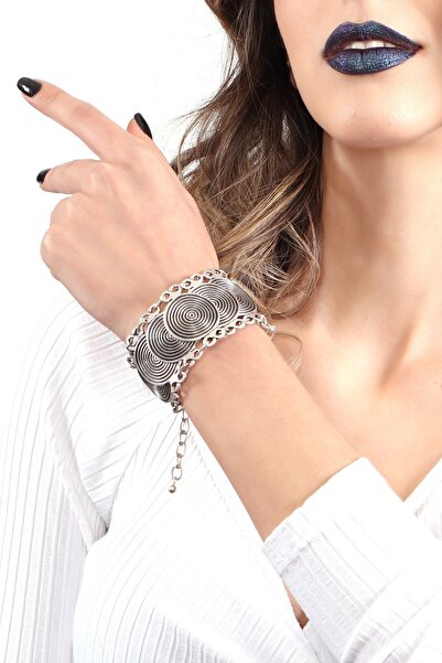 LABALABA Kadın Antik Gümüş Kaplama Helezon Baskılı Geçmeli Halka Bileklik