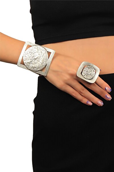 LABALABA Kadın Antik Gümüş Kaplama Ayarlanabilir Geniş Band Çerçeveli Geometrik Model Bileklik & Yüzük Set