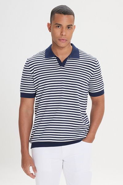 AC&Co / Altınyıldız Classics Men's Navy Blue-White Standard Fit Regular Cut Polo Neck 100% Cotton Short Sleeve Striped Knitwear T-Shirt