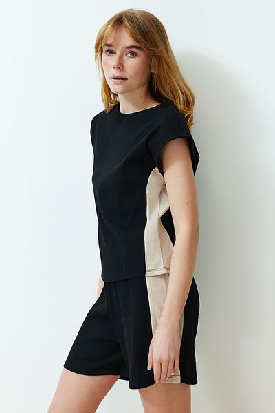 Trendyol Collection Black-Ecru Cotton Color Block Ribbed Knitted Pajamas Set THMSS24PT00206
