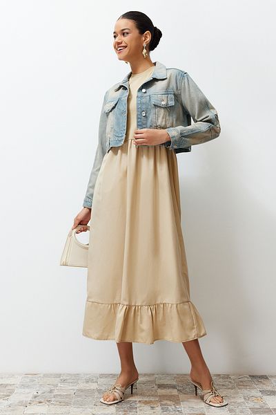 Trendyol Modest Μπεζ Αμάνικο πλεκτό φόρεμα με βολάν μονό-ζέρσεϊ-πόπλιν TCTSS24EB00155