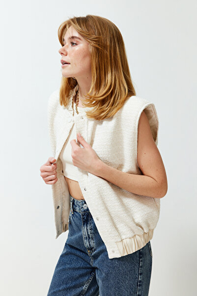 Trendyol Collection Oversize Ecru Tweed Bomber Vesta - Twoss24Ye00034