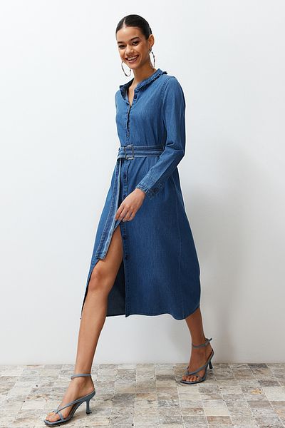 Trendyol Collection Blue Ruffle Collar Denim Maxi Dress TWOSS24EL00777