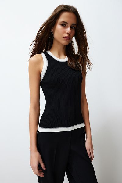 Trendyol Collection Black Striped Glitter Piping Detailed Knitwear Blouse TWOSS24BZ00510