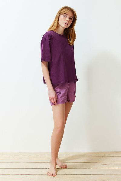 Trendyol Collection Star Patterned Plum Color 100% Cotton Shorts Sleepwear Set - Thmss24Pt00215