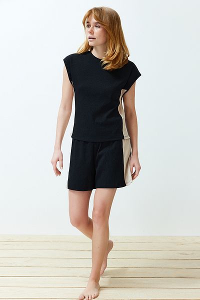 Trendyol Collection Black-Ecru Cotton Color Block Ribbed Knitted Pajamas Set THMSS24PT00206