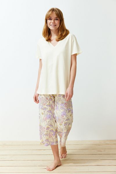 Trendyol Collection Kötött Capri pizsama szett - sárga virágmintás THMSS24PT00210