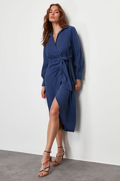 Trendyol Collection Rochie Midi Indigo cu piept dublu - Detaliat cravată, țesătură, TWOSS24EL00521