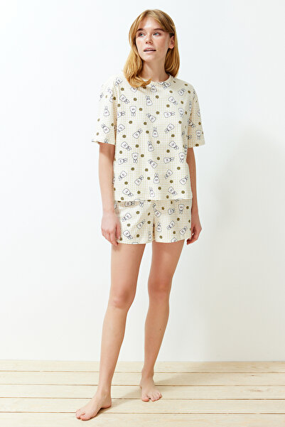 Trendyol Collection Barevná žlutá 100% bavlna Gingham Knited Pyžam Set - THMSS24PT00211