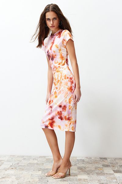 Trendyol Collection Rochie midi tricotată elastică, cu mânecă scurtă, cu mânecă scurtă, cu imprimeu multicolor, TWOSS24EL00676