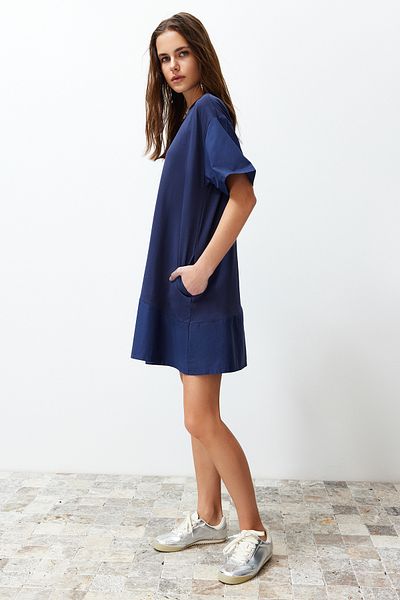 Trendyol Collection Navy Blue Midi Knitted Dress - Plain Woven, Garnished Twoss24el00408