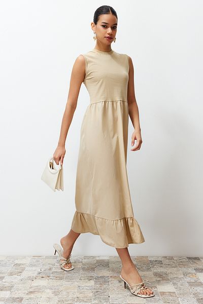 Trendyol Modest Μπεζ Αμάνικο πλεκτό φόρεμα με βολάν μονό-ζέρσεϊ-πόπλιν TCTSS24EB00155
