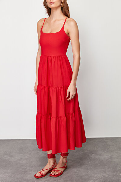 Trendyol Collection Piros szoknyás derékra nyíló pamut keverék Maxi szövött ruha TWOSS24EL00386