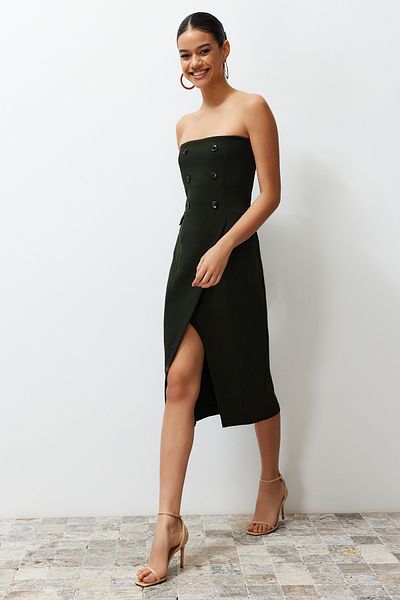 Trendyol Collection Khaki lapos gombos pánt nélküli pánt, rugalmas TWOSS24EL00426