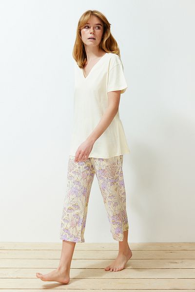 Trendyol Collection Kötött Capri pizsama szett - sárga virágmintás THMSS24PT00210