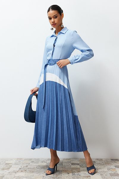 Trendyol Modest Φόρεμα υφασμένο πουκάμισο σε μπλε χρώμα TCTSS24EB00119