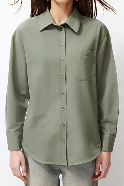 Trendyol Collection Σκούρο χακί μπλουζάκι Boyfriend, μονό, υφαντό από βαμβάκι TWOAW20GO0115