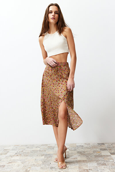 Trendyol Collection Camel Slit részletes viszkóz szövet virágmintás Midi szőtt szoknya TWOSS20ET0230