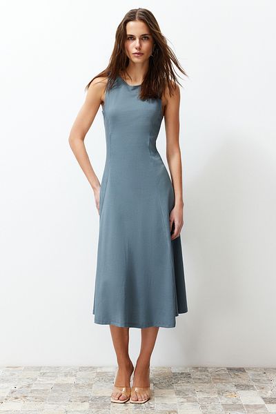 Trendyol Collection Anthracite 100% Cotton Skater/Waist Opening Crew Neck Sleeveless Midi Knitted Midi Dress TWOSS24EL00193
