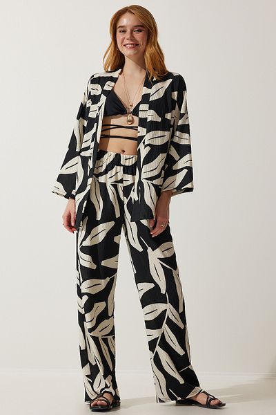 Happiness İstanbul Schwarzes gemustertes Crinkle-Sommerjacke-Palazzo-Set für Damen DD01304