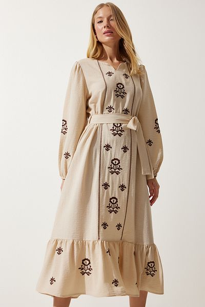 Happiness İstanbul Beiges, besticktes, langes, gewebtes Kleid aus Leinen für Damen, RG00017