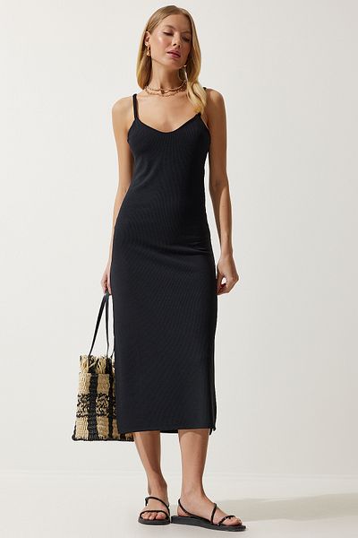 Happiness İstanbul Women's Black Strap Slit Corded Knitted Dress MC00275