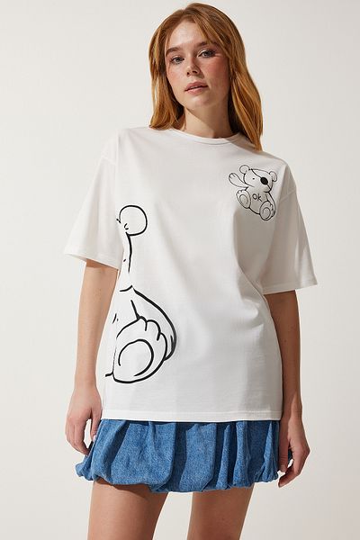 Happiness İstanbul Weißes bedrucktes Oversize-Strick-T-Shirt für Damen HF00457