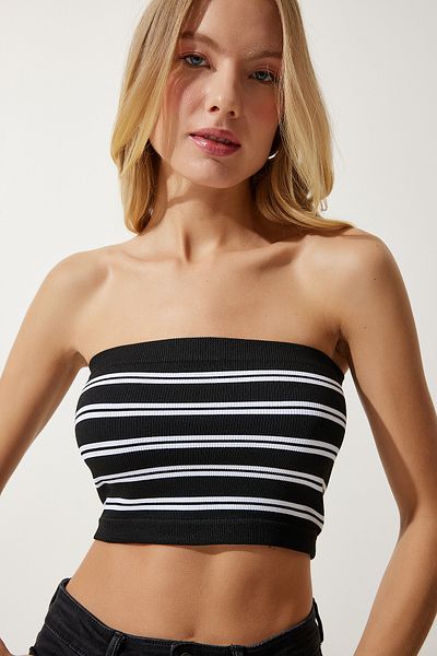 Happiness İstanbul Dámské černo-bílé žebrované pletené bustier bez ramínek UB00231