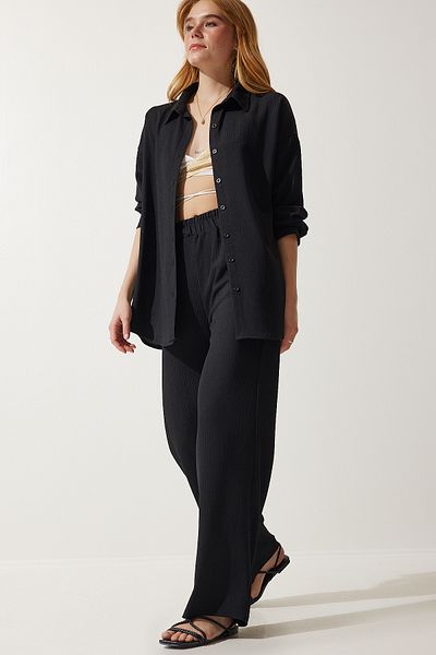 Happiness İstanbul Women's Black Comfortable Knitted Shirt Pants Set KH00090