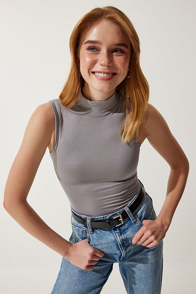 Happiness İstanbul Women's Gray Stand Collar Sleeveless Viscose Knitted Blouse RX00050
