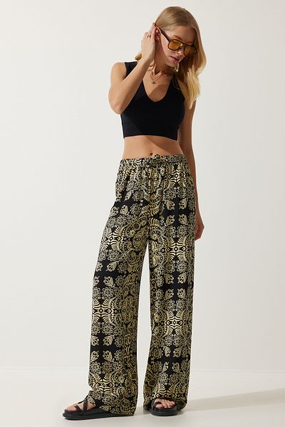 Happiness İstanbul Women's Black Beige Patterned Raw Linen Palazzo Trousers BH00397