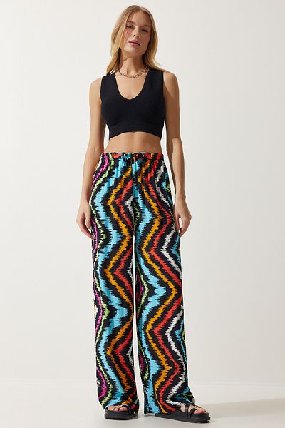 Happiness İstanbul Schwarz-blau gemusterte Palazzo-Hose aus fließender Viskose für Damen EN00606