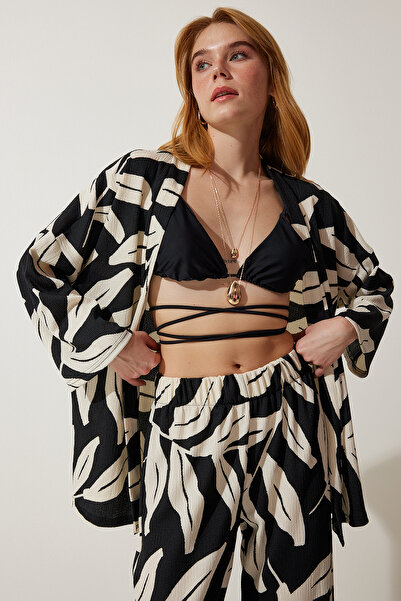 Happiness İstanbul Női fekete mintás ráncos nyári dzseki Palazzo szett DD01304