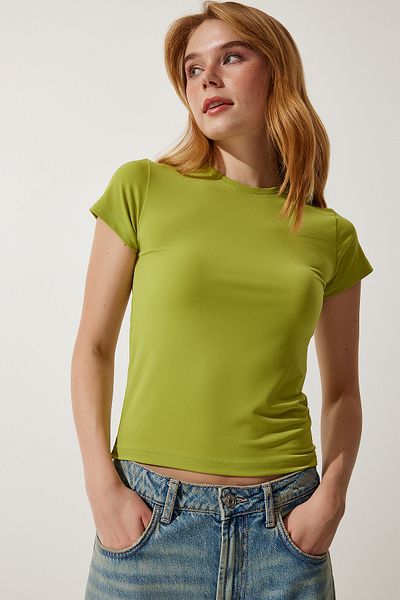 Happiness İstanbul Dámské tričko Oil Green Crew Neck Basic Sandy EN00611
