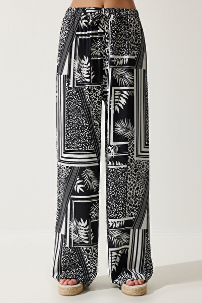 Happiness İstanbul Női fekete-fehér mintás folyós viszkóz Palazzo nadrág EN00606