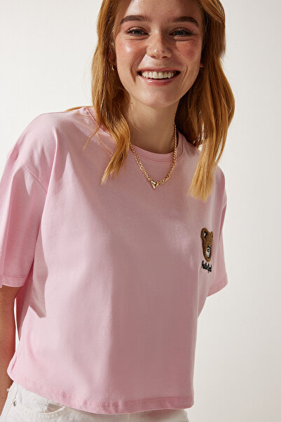 Happiness İstanbul Női halvány rózsaszín mackó emblémás Crop kötött póló HF00456