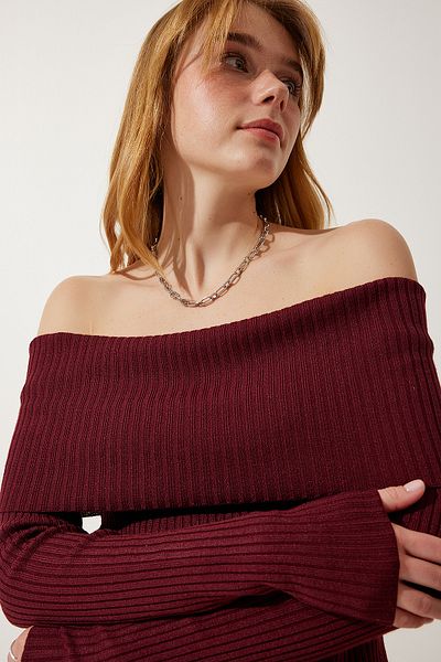 Happiness İstanbul Burgunderroter Strickpullover für Damen mit Madonna-Kragen FN03180