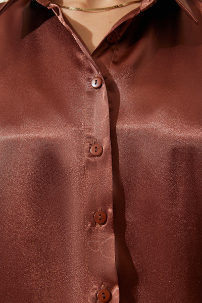 Happiness İstanbul Dámská hnědá lehce splývavá saténová košile DD00990