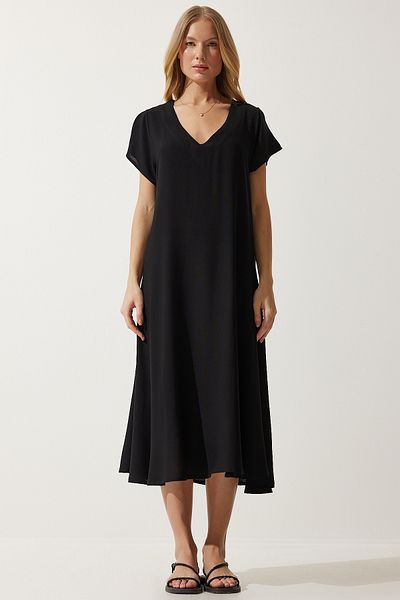 Happiness İstanbul Schwarzes Sommerkleid aus fließender Viskose mit V-Ausschnitt für Damen EN00612