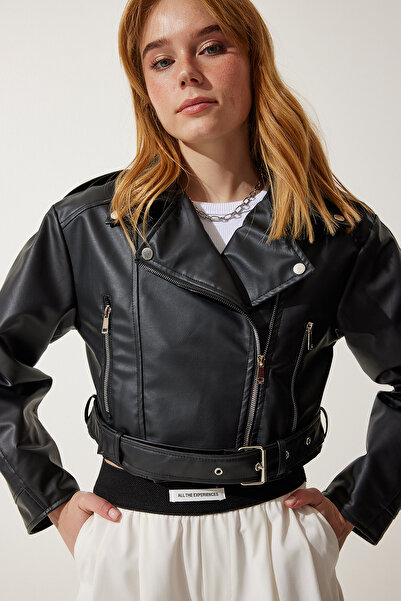 Happiness İstanbul Γυναικείο κοντό δερμάτινο μπουφάν με μαύρη ζώνη RV00172