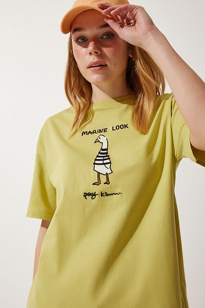 Happiness İstanbul Ölgrünes, besticktes, übergroßes Strick-T-Shirt für Damen NJ00140