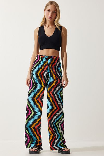 Happiness İstanbul Schwarz-blau gemusterte Palazzo-Hose aus fließender Viskose für Damen EN00606